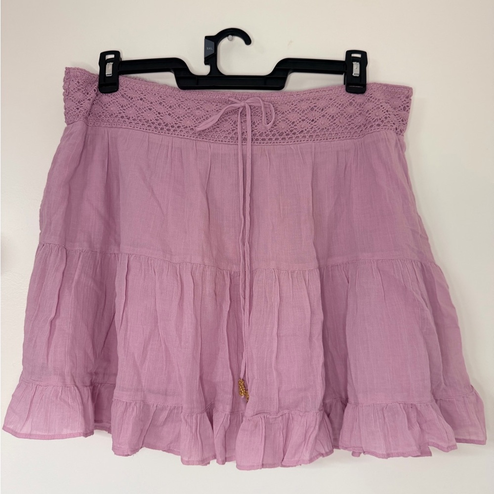 Free People Lilac Boho Tiered Mini Skirt Crochet Waist Drawstring XS/Small